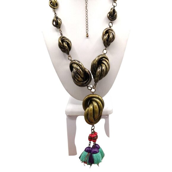 Anthropologie Chunky Knots and Colorful Tassels Necklace, Bronze Lavalier, Bold - Picture 1 of 5